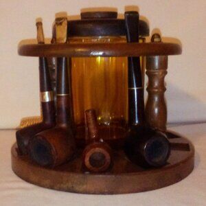(10) Pipe Holder Stand, (5) Pipes & Glass Tobacco Humidor:  Wooden.  Vintage